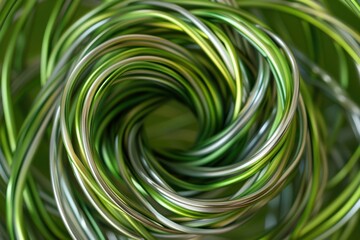 Twisted green and silver spirals of wire that appear metallic