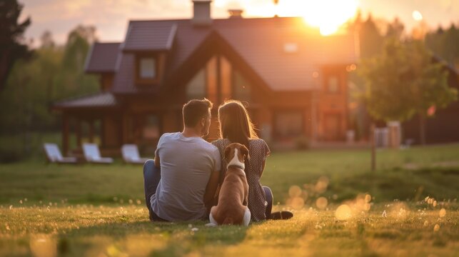 A happy family with dog in front of a masion house home at sunset