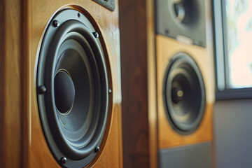 Panoramic detail view of speakers hanging on the wall
