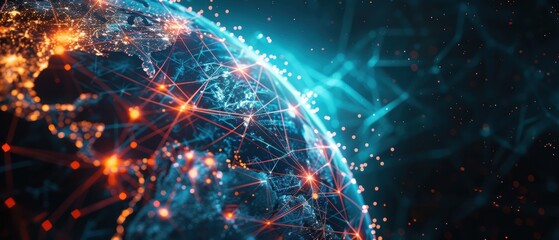Earth with vibrant connection lines and a digital data matrix, representing global communication networks in detailed realism