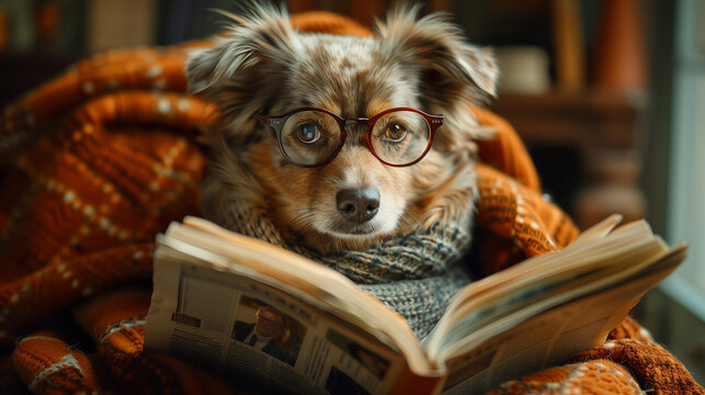 A dog wearing glasses and reading a newspaper in a cozy armchair