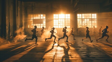 Group Running Training in Industrial Gym at Sunrise - Generative AI
