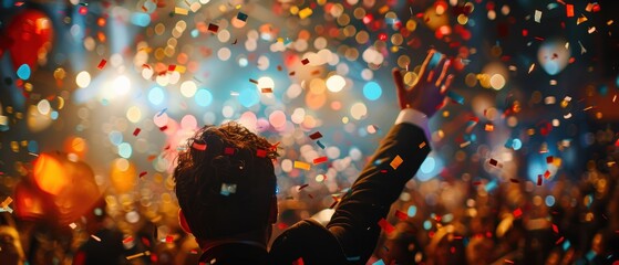 Election night victory speech with confetti falling