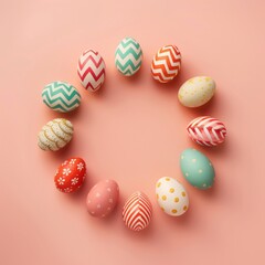 Fototapeta premium Top view of beautiful Easter eggs in a circle on table