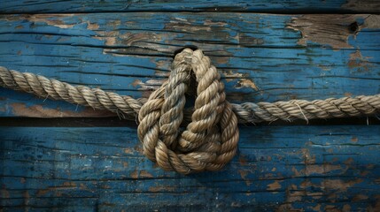 Fototapeta premium Close-up of a weathered blue wooden boat with a thick rope knotted around it, textured detail. Nautical and rustic concept