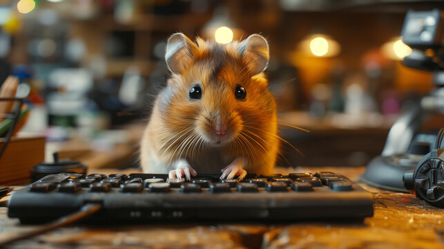 A hamster in a tiny office, typing on a miniature computer