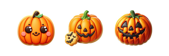 Set of Halloween Pumpkin Cookies, Happy Halloween day special, isolated over on transparent white background