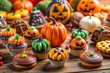 Close-ups of Halloween-themed candies and desserts
