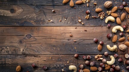 Nutritious mixed nuts on rustic wood with space from above