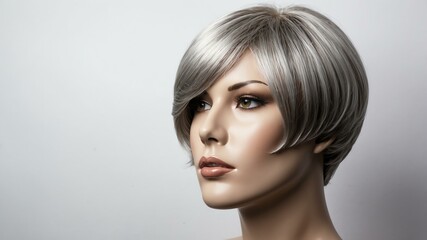 Obraz premium silver short hair wig in a mannequin head in white bac background