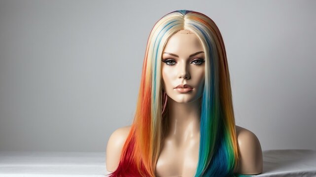 rainbow long hair wig in a mannequin head in white bac background