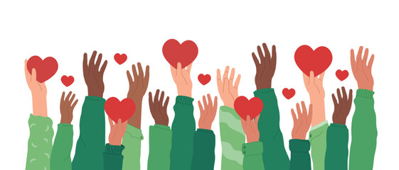 Hands of volunteers hold hearts. Volunteering, teamwork concert.
