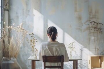 A woman sits at a table, facing away from the camera. There are flowers in vases on the table and plants in the background