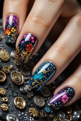 Intricate Nail Art Design with Vibrant Colors and Textured Patterns on Elegant Manicured Hand