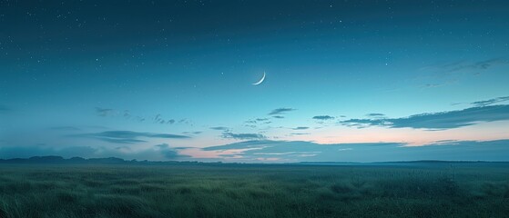 Evening sky with a crescent moon and thin clouds over a calm ocean, creating a tranquil and dreamy night scene, Photography, 50mm lens,