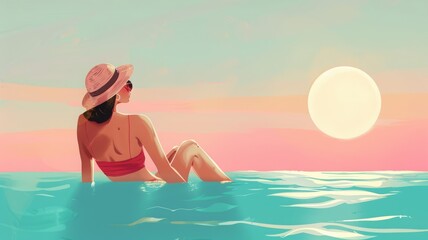 Woman relaxing in an infinity pool at sunset, with serene pastel skies and calm waters, in a peaceful summer illustration, hello summer. wallpaper with copy space