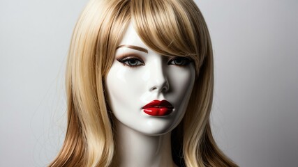 Fototapeta premium blonde with dark roots long hair wig in a mannequin he background