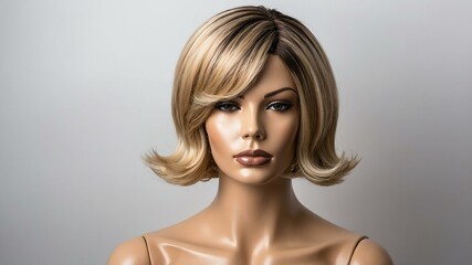 Naklejka premium blonde with dark roots short hair wig in a mannequin h background