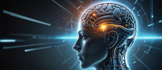 Obraz premium A digital artwork featuring a cyborg with a human brain and glowing neurons in a futuristic style. Ideal for technology, artificial intelligence, and science fiction themes.