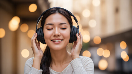 A woman enjoying music with headphones in a serene urban setting with bokeh lights, suggesting relaxation and mindfulness. Suitable for digital content, social media, or holiday promotions.