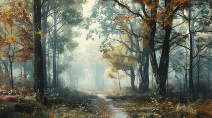 Obraz premium Misty autumn woods Enigmatic landscape