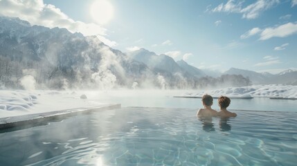 Female relax in hot spring spa with snow mountain in winter.
