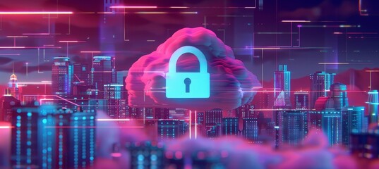Futuristic cityscape with data flow lines under stylish cloud and metallic lock icon