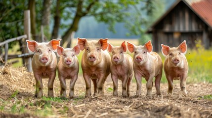 Domestic farm  eco conscious pigs and piglets thriving in a natural and sustainable environment