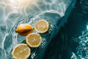 Four lemons, one whole and three sliced, float in a pool of blue water