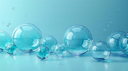 Shiny bubbles floating against light blue background
