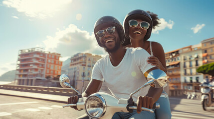 Happy Young Black Couple Riding A Scooter On A Sunny Day With A Cityscape In The Background