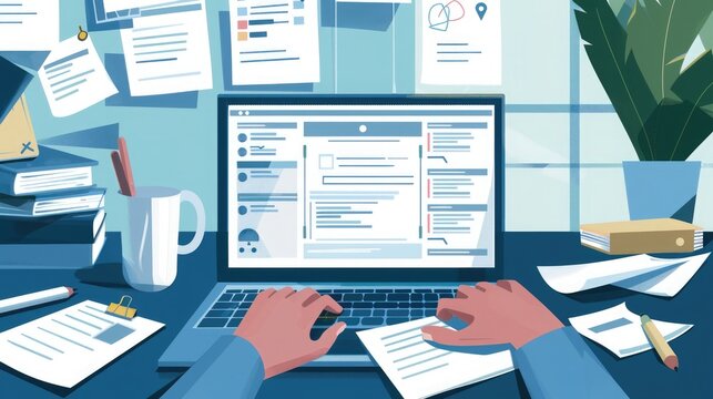 Person typing on laptop with questionnaire quality check document on screen in office scene. Questionnaire quality check document