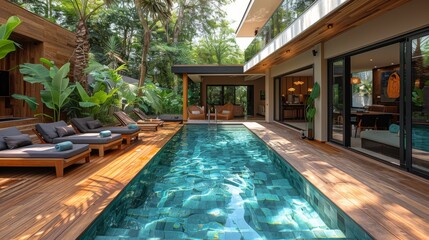 Obraz premium This image showcases a luxurious poolside area surrounded by tropical plants and featuring comfortable seating options, creating an inviting and serene ambiance perfect for relaxation.