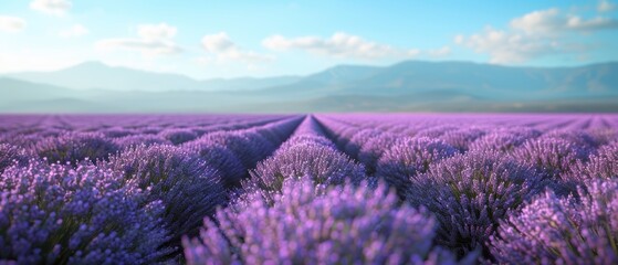 Obraz premium Expansive lavender field in full bloom, with rows of purple flowers stretching to the horizon under a clear blue sky