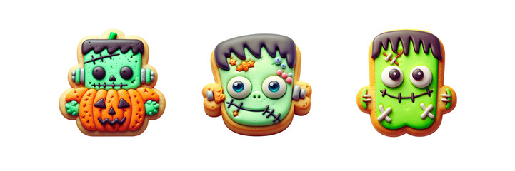 Naklejka premium Set of Cute Halloween Frankenstein Cookies, Happy Halloween day special, isolated over on transparent white background