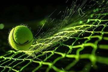 High def freeze frame  tennis ball impacts net, showcasing precision in summer olympic sport.