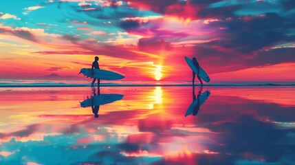 Naklejka premium A surfer carrying a surf board standing on tropical beach with sunset colorful sky