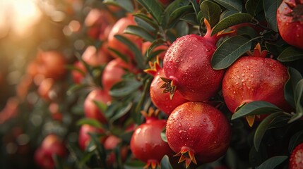 Obraz premium A close-up shot of dewy pomegranates hanging on a tree at sunrise, highlighting the fresh and luscious appeal of the fruit as the morning light enhances its vibrant color.
