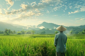 Discover the tranquility of rural landscapes with studio isolate shots portraying an Asian man farmer immersed in the beauty of his rice field.