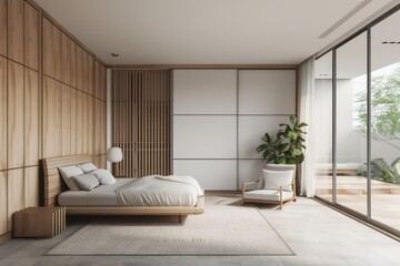 Elevate your bedroom ambiance with a wooden wardrobe featuring glass sliding doors, enhancing the sleekness of minimalist interior design.