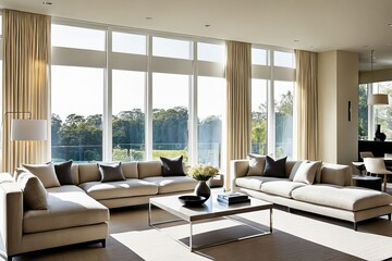 Fototapeta premium Inviting modern living room featuring elegant neutral decor in sunlight.