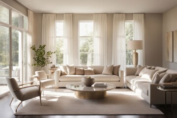 Neutral-toned decor in a sun-drenched modern living room.