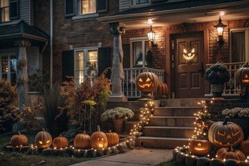 Obraz premium Decorated front yards and houses with Halloween themes