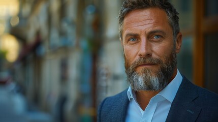 Obraz premium A mature man with striking blue eyes and a grey beard, dressed in a neat suit, looks confidently ahead while posing in an urban setting, embodying sophistication and purpose.