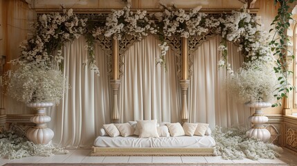 Naklejka premium Ornate Wedding Ceremony Setup With White Flowers and Drapes