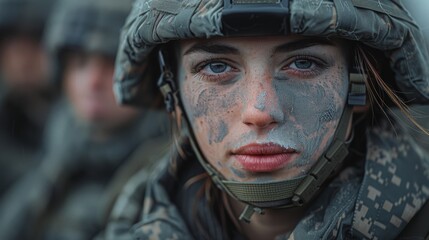 A strong illustration of a female soldier with determined eyes, face camouflaged with paint, embodying resilience and strength while wearing a helmet in combat.