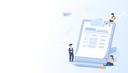 Tax payment concept. Business people calculating vat income, tax to fill form for government refund. Income form, filling and submit to government. Flat vector design illustration.