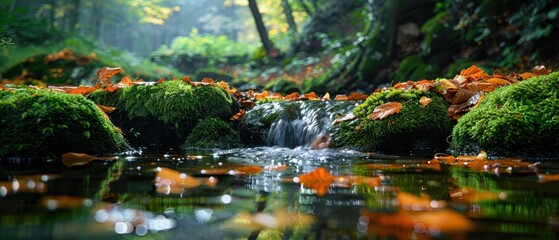 Forest stream with moss-covered rocks and fallen leaves