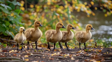 Obraz premium Goslings lined up along autumn shore