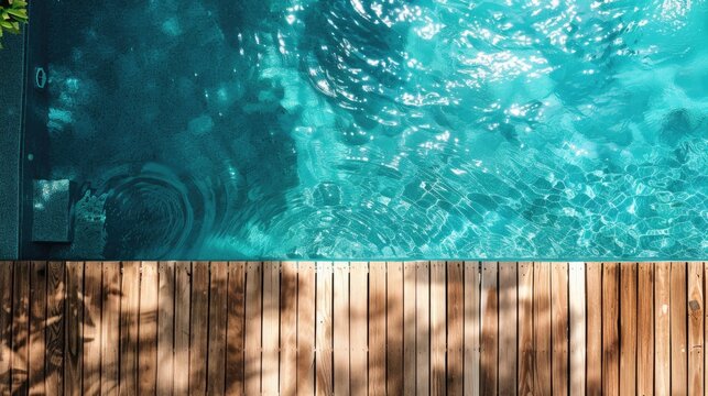 Top down view of wooden deck beside clear blue pool with space for text